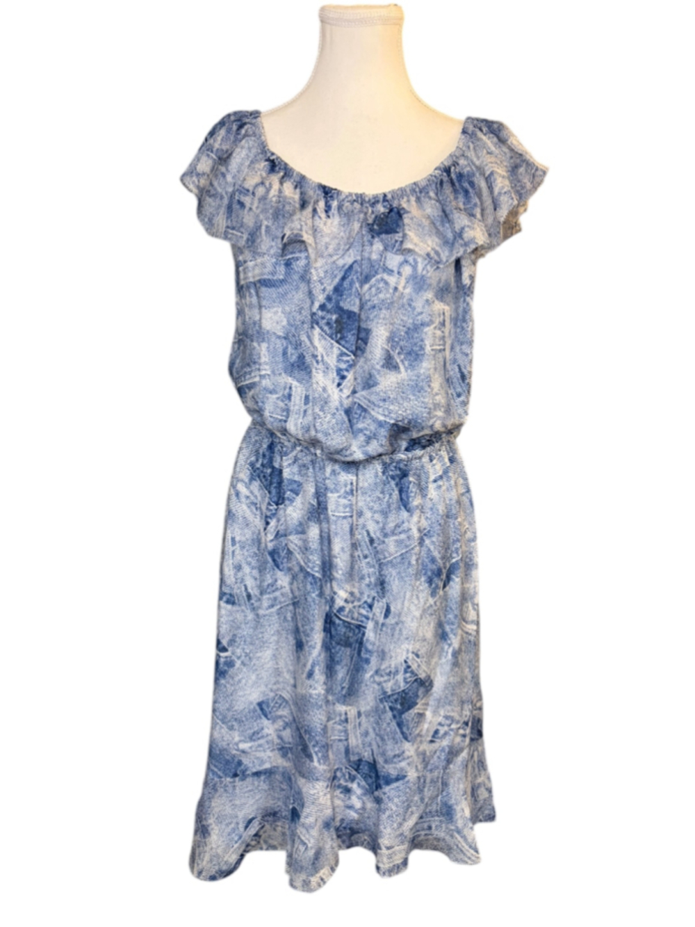 L'Agence 100% Silk Blue Abstract Print Ruffle Dress Elastic Waist Approx L